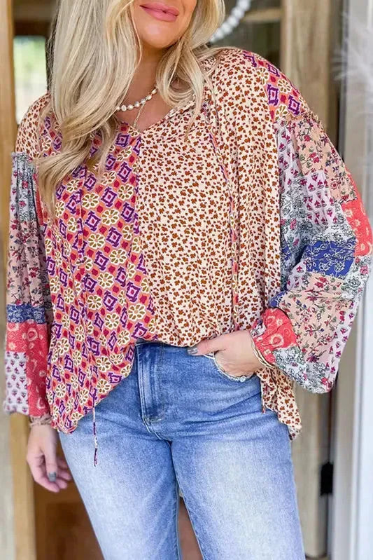 Floral Fusion Tied V-Neck Blouse