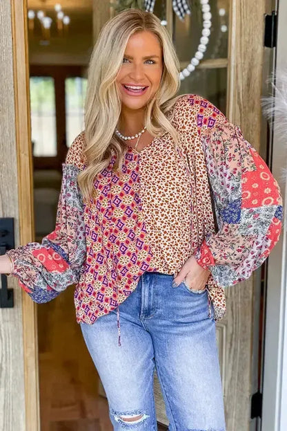 Floral Fusion Tied V-Neck Blouse