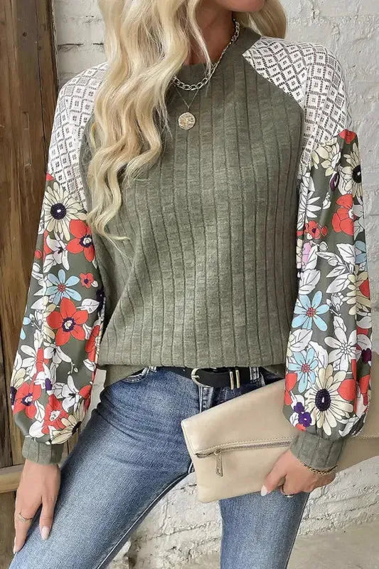Floral Mosaic Ribbed Blouse