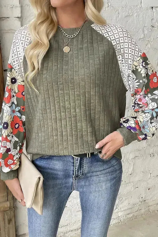 Floral Mosaic Ribbed Blouse