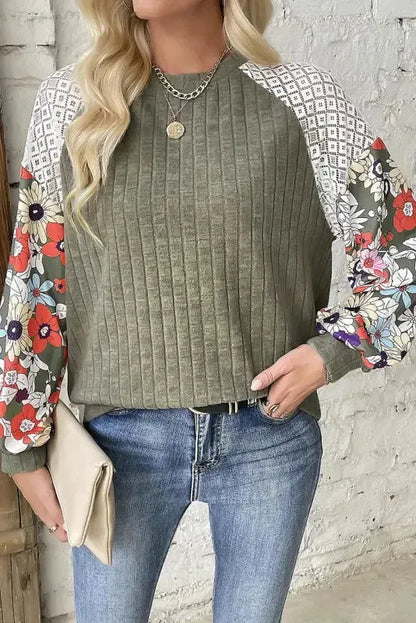 Floral Mosaic Ribbed Blouse