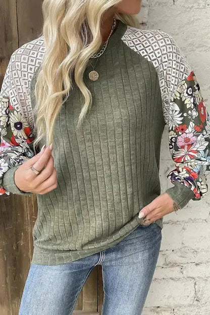 Floral Mosaic Ribbed Blouse