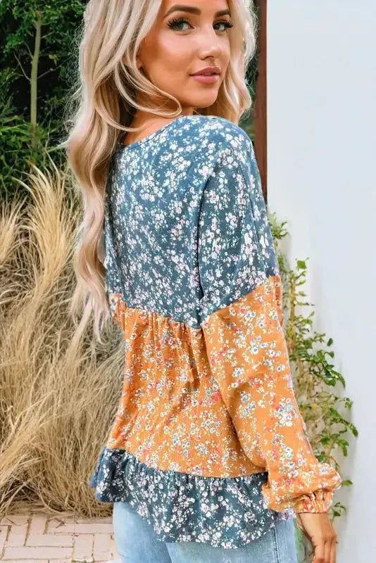 Floral Mosaic Ruffle Hem Blouse