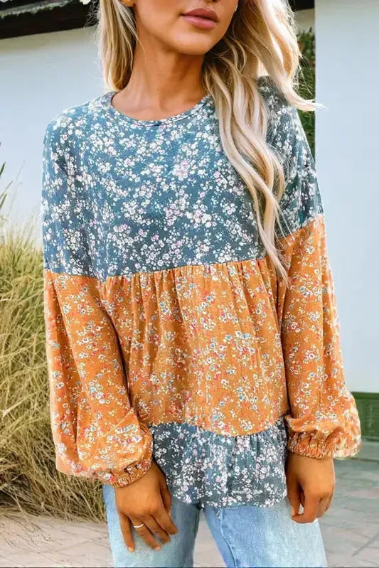 Floral Mosaic Ruffle Hem Blouse