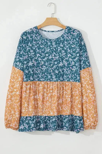 Floral Mosaic Ruffle Hem Blouse