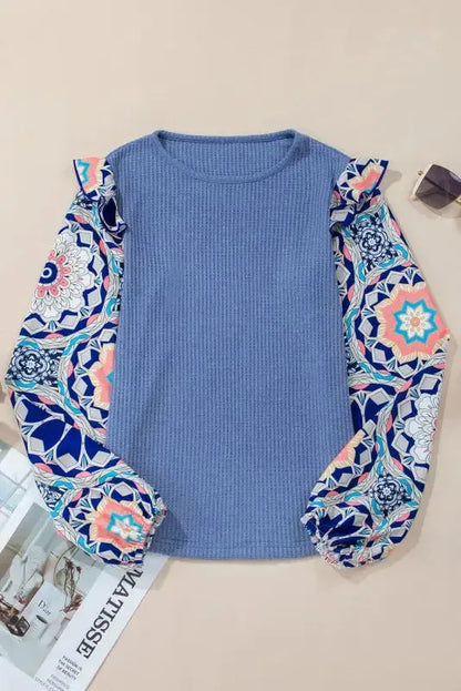 Floral Sleeve Waffle Knit Blouse