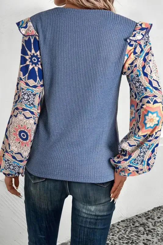 Floral Sleeve Waffle Knit Blouse