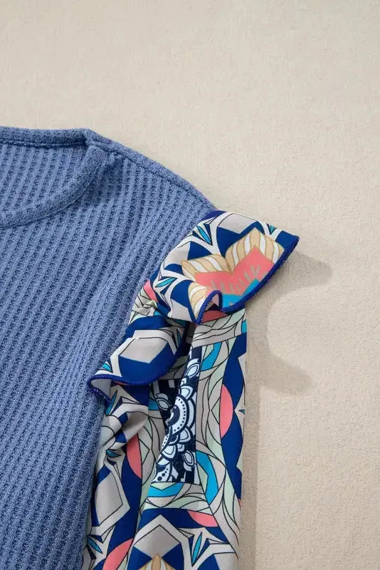 Floral Sleeve Waffle Knit Blouse