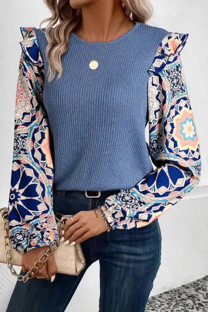 Floral Sleeve Waffle Knit Blouse