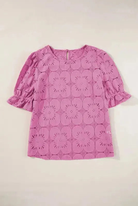 Flower Eyelet Top - Jacquard Keyhole Flounce Sleeve