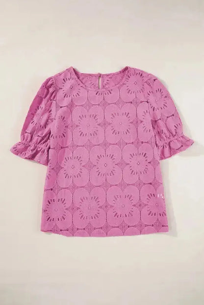 Flower Eyelet Top - Jacquard Keyhole Flounce Sleeve