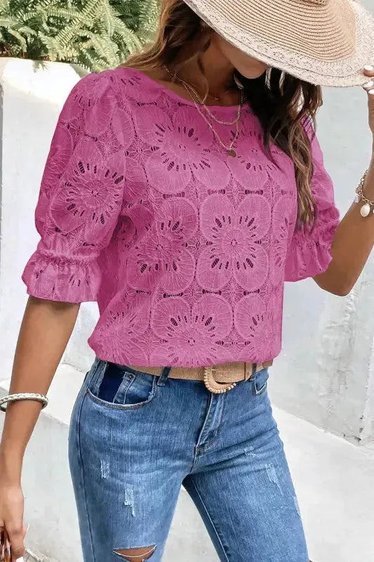 Flower Eyelet Top - Jacquard Keyhole Flounce Sleeve