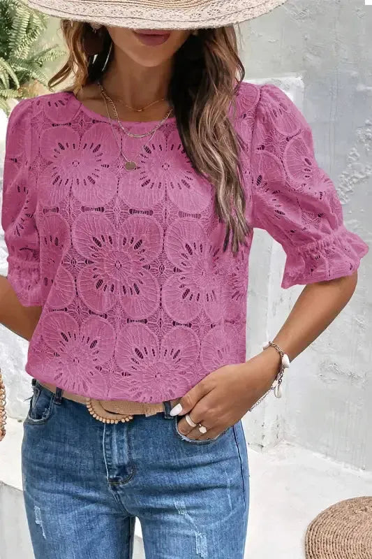 Flower Eyelet Top - Jacquard Keyhole Flounce Sleeve