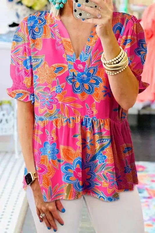 Flowy Blouse - Rose Abstract Smocked