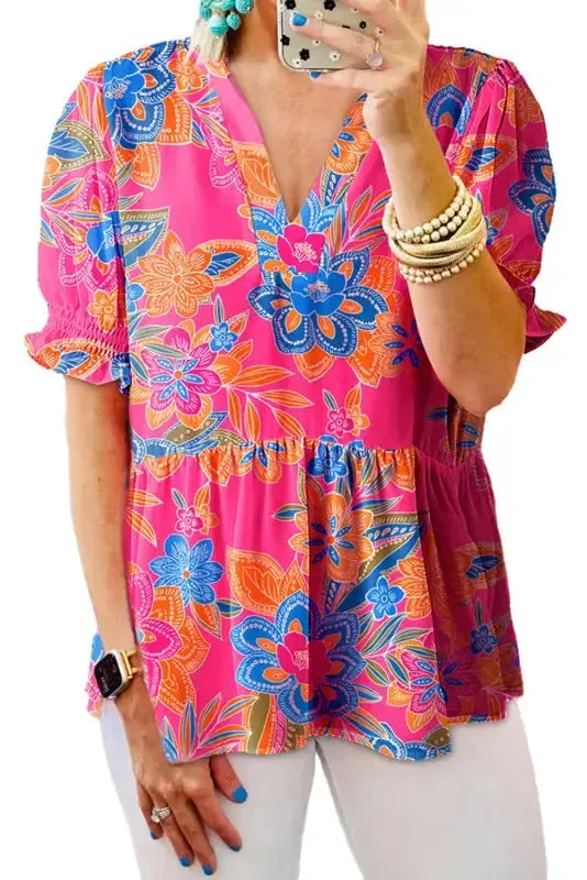 Flowy Blouse - Rose Abstract Smocked