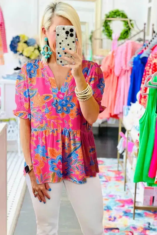 Flowy Blouse - Rose Abstract Smocked