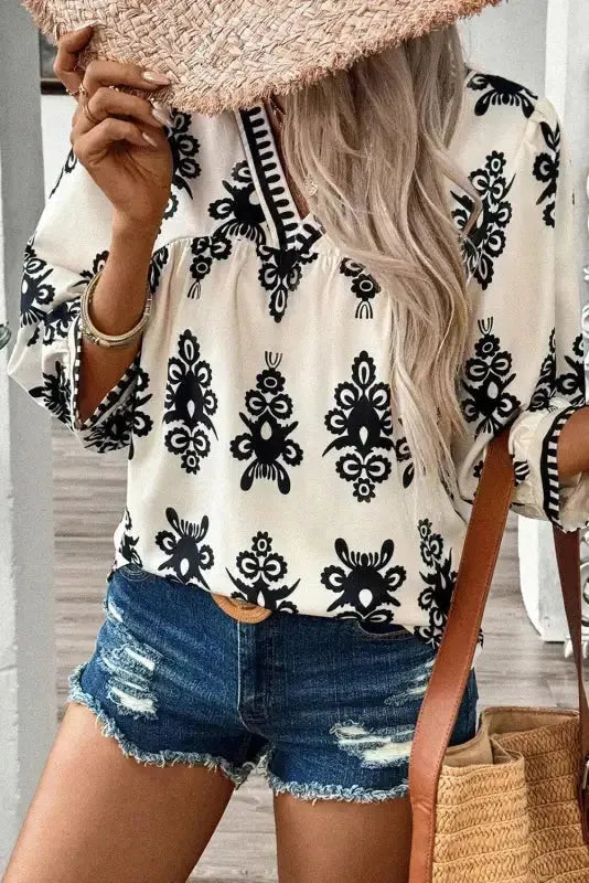 Geometric Glamour Quarter-Sleeve Top
