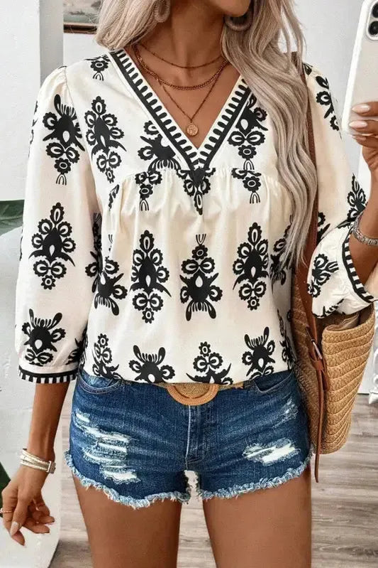 Geometric Glamour Quarter-Sleeve Top
