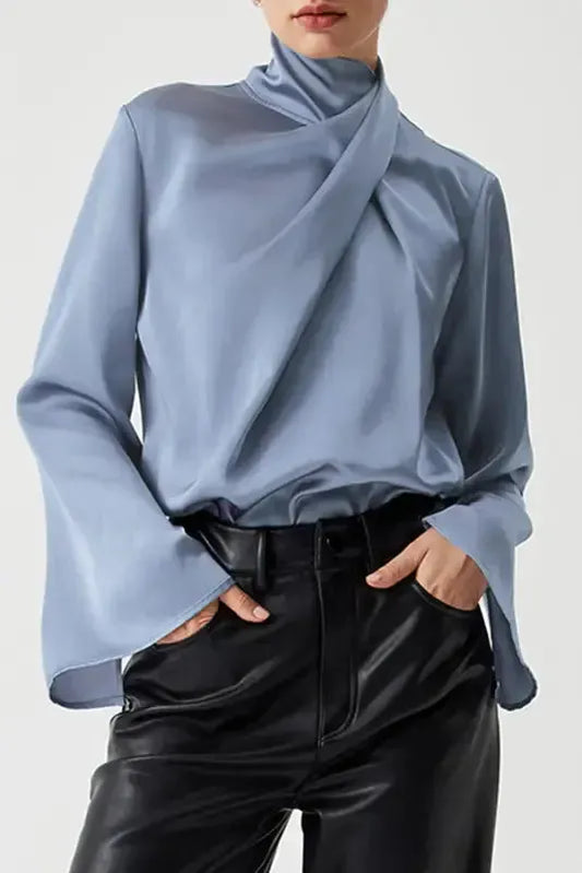 Ivy Asymmetric Blouse - Pleated Turtleneck Bell Sleeve