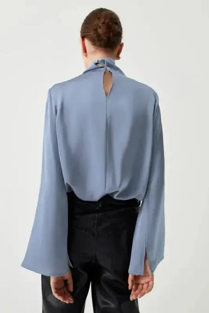 Ivy Asymmetric Blouse - Pleated Turtleneck Bell Sleeve