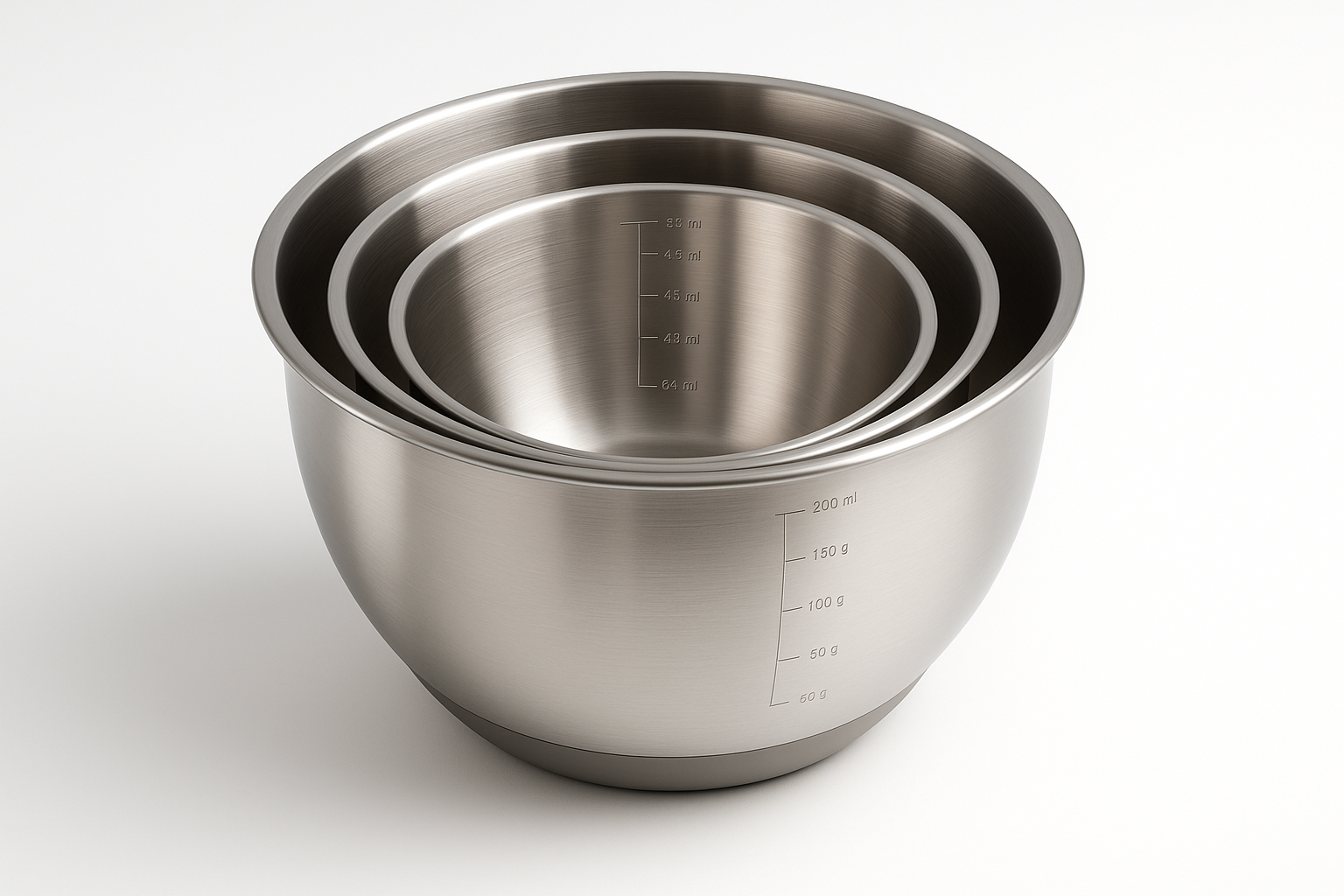 Kitchen essential engineered for daily performance and easy care. Built for durability, safety, and clean design.

Material: 18/8 stainless steel, silicone base
Care: Dishwasher safe
Best for: Baking, tossing salads
Nesting sizes save space
Nonslip bases
Measurement marks

Stainless steel colour