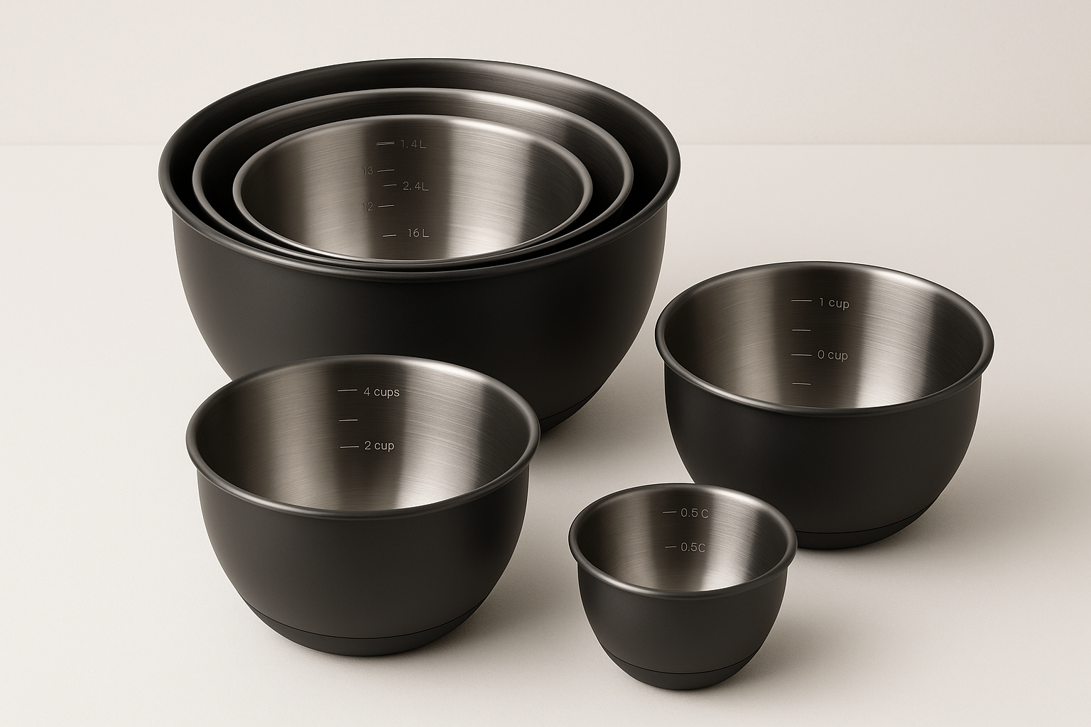 Kitchen essential engineered for daily performance and easy care. Built for durability, safety, and clean design.

Material: 18/8 stainless steel, silicone base
Care: Dishwasher safe
Best for: Baking, tossing salads
Nesting sizes save space
Nonslip bases
Measurement marks

Matte Black Colour