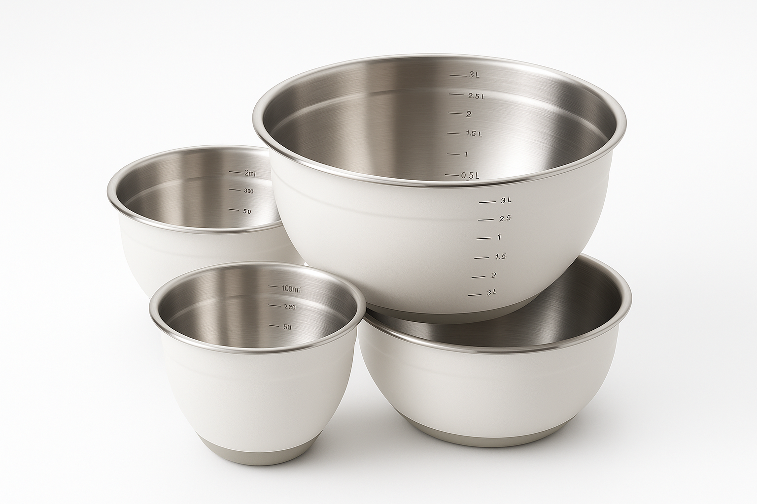 Kitchen essential engineered for daily performance and easy care. Built for durability, safety, and clean design.

Material: 18/8 stainless steel, silicone base
Care: Dishwasher safe
Best for: Baking, tossing salads
Nesting sizes save space
Nonslip bases
Measurement marks

White colour 