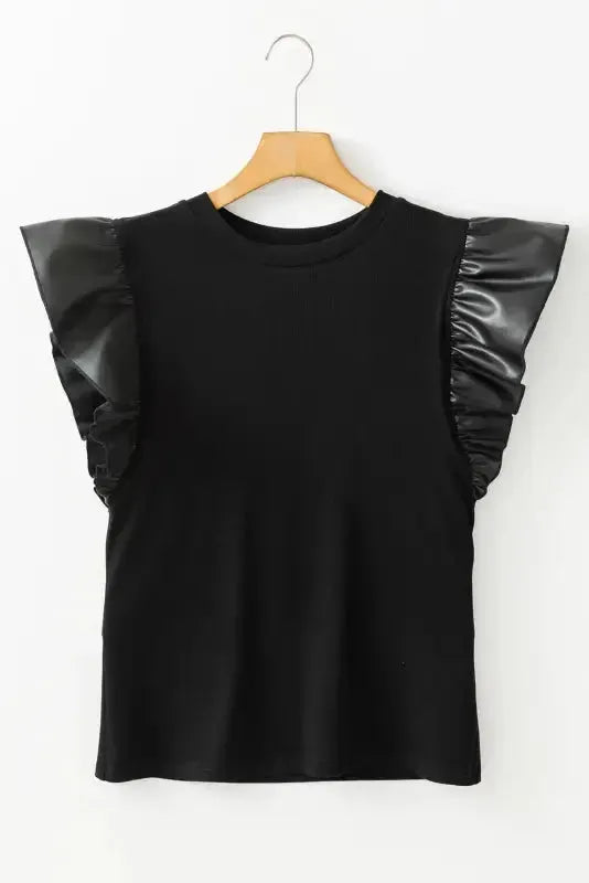 Leather Ruffle Sleeve Blouse