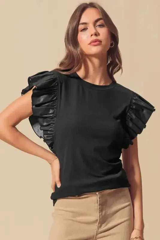 Leather Ruffle Sleeve Blouse