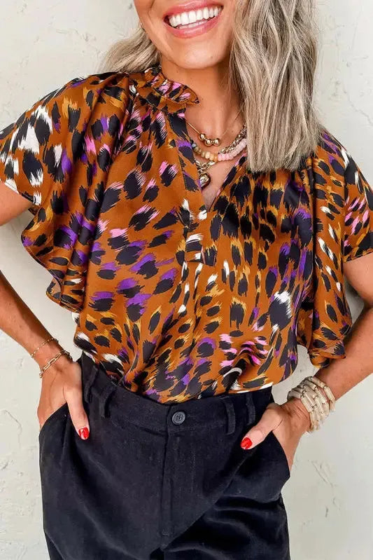 Leopard Draped Blouse - Short Sleeve