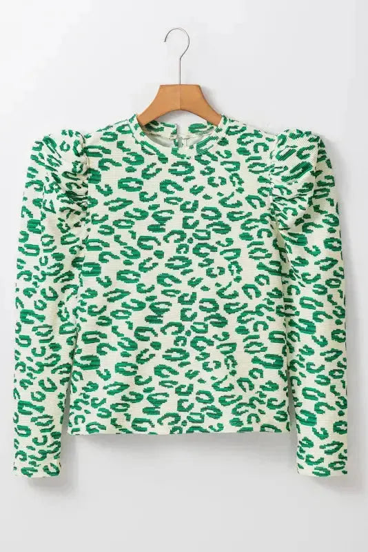 Leopard Print Mock Neck Puff Sleeve Top