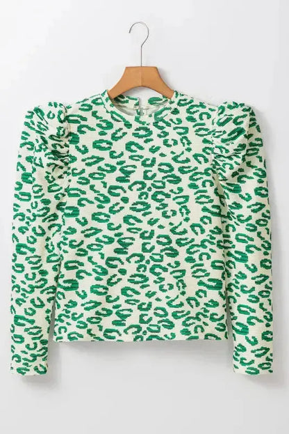 Leopard Print Mock Neck Puff Sleeve Top
