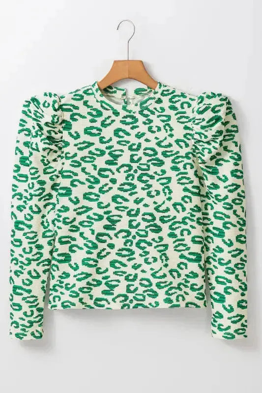 Leopard Print Mock Neck Puff Sleeve Top
