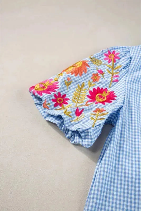 Light Blue Blouse - Gingham Floral Embroidered Puff Sleeve
