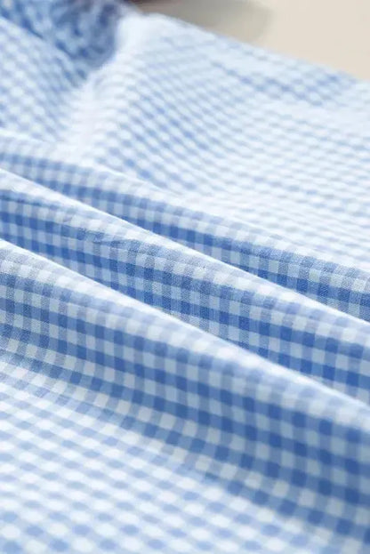 Light Blue Blouse - Gingham Floral Embroidered Puff Sleeve