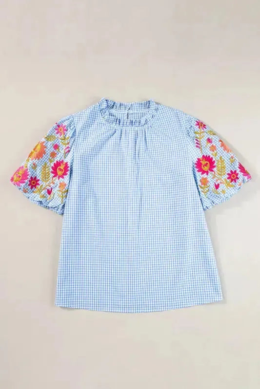 Light Blue Blouse - Gingham Floral Embroidered Puff Sleeve