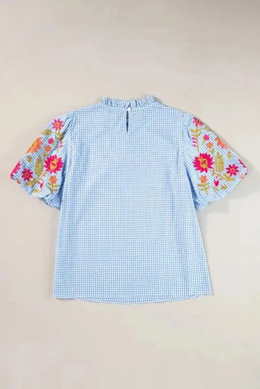 Light Blue Blouse - Gingham Floral Embroidered Puff Sleeve