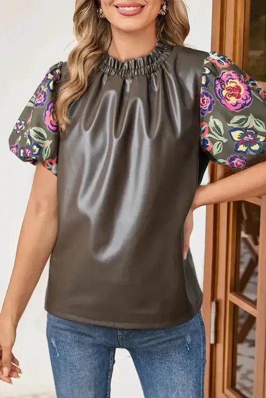 Lucky Bloom Leatherette Blouse