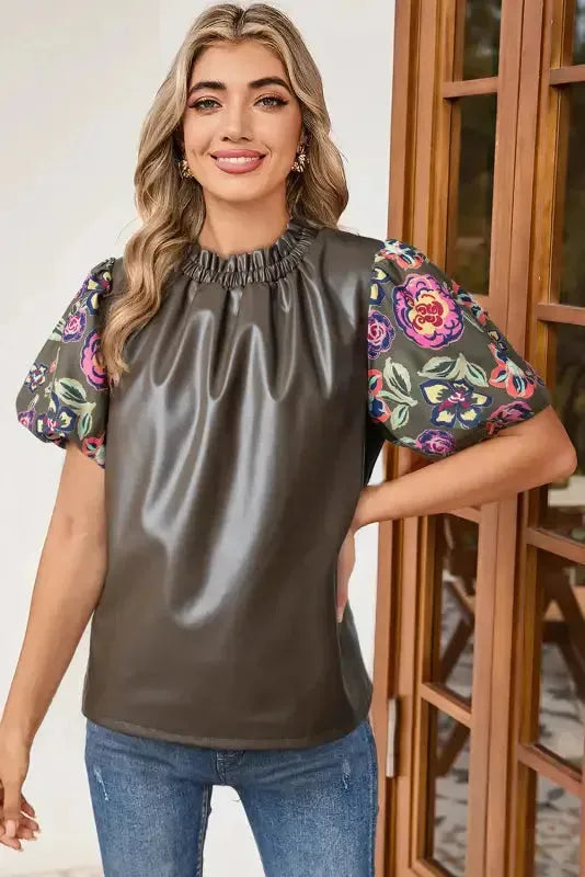 Lucky Bloom Leatherette Blouse