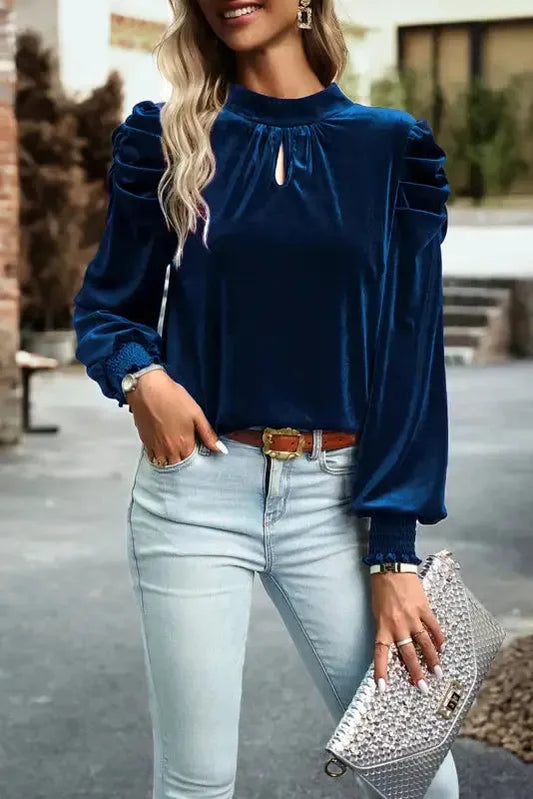 Mock Velvet Blouse - Puff Sleeve