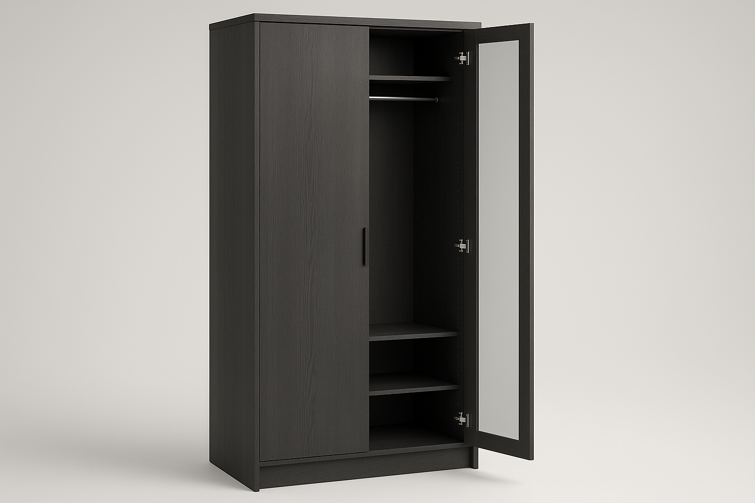 Modern furniture built for daily use. Balanced proportions, durable materials, and easy maintenance for a clean home setup.

Materials: Composite wood with veneer, mirror glass
Care: Wipe with glass cleaner; dust cabinet
Ideal use: Closets, bedrooms
Hanging rail + shelves
Full‑length mirror door
Adjustable hinges

Charcoal Grey Colour