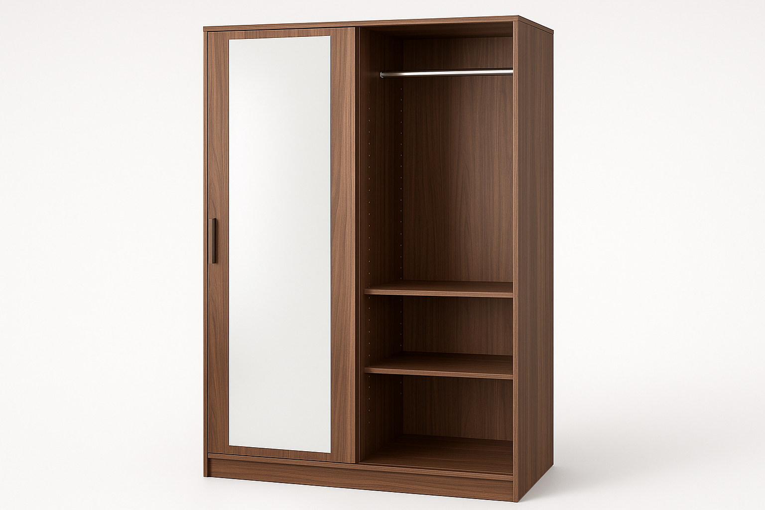 Modern furniture built for daily use. Balanced proportions, durable materials, and easy maintenance for a clean home setup.

Materials: Composite wood with veneer, mirror glass
Care: Wipe with glass cleaner; dust cabinet
Ideal use: Closets, bedrooms
Hanging rail + shelves
Full‑length mirror door
Adjustable hinges

Walnut colour
