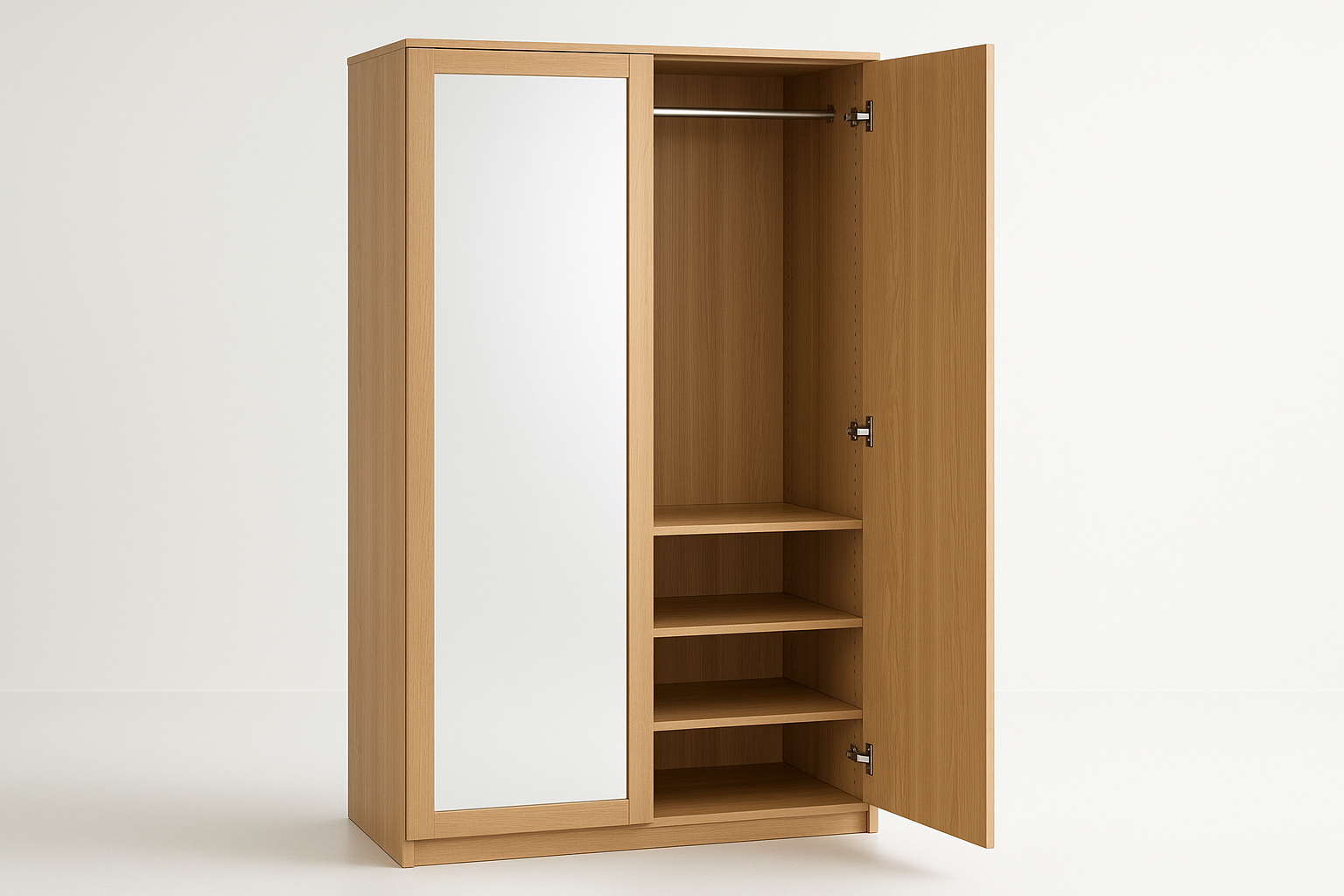 Modern furniture built for daily use. Balanced proportions, durable materials, and easy maintenance for a clean home setup.

Materials: Composite wood with veneer, mirror glass
Care: Wipe with glass cleaner; dust cabinet
Ideal use: Closets, bedrooms
Hanging rail + shelves
Full‑length mirror door
Adjustable hinges

Natural Oak colour
