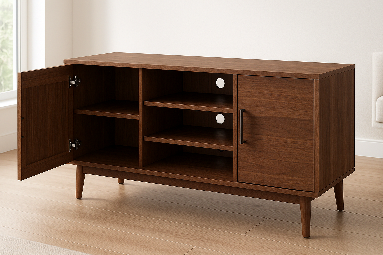 Modern furniture built for daily use. Balanced proportions, durable materials, and easy maintenance for a clean home setup.

Materials: Engineered wood cabinet, metal hardware
Care: Dust weekly; wipe with dry cloth
Ideal use: Media storage, living rooms
Cord‑management ports
Adjustable shelves
Soft‑close doors

Walnut colour