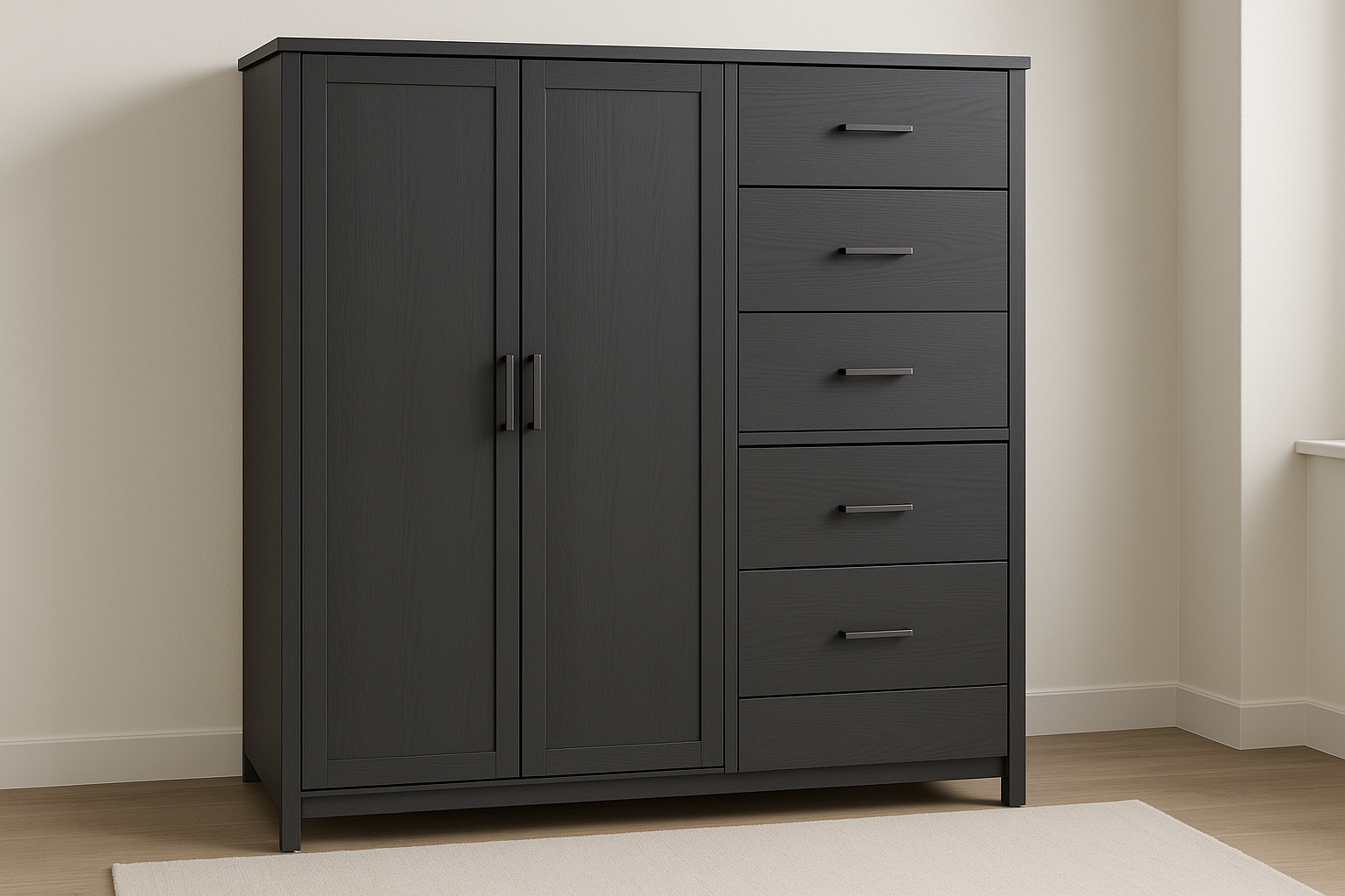 Modern furniture built for daily use. Balanced proportions, durable materials, and easy maintenance for a clean home setup.

Materials: Engineered wood case, metal hardware
Care: Dust weekly; use coasters
Ideal use: Wardrobe organization
Metal runners with stop
Anti‑tip wall anchor
Felt‑lined top drawer

Charcoal grey Colour