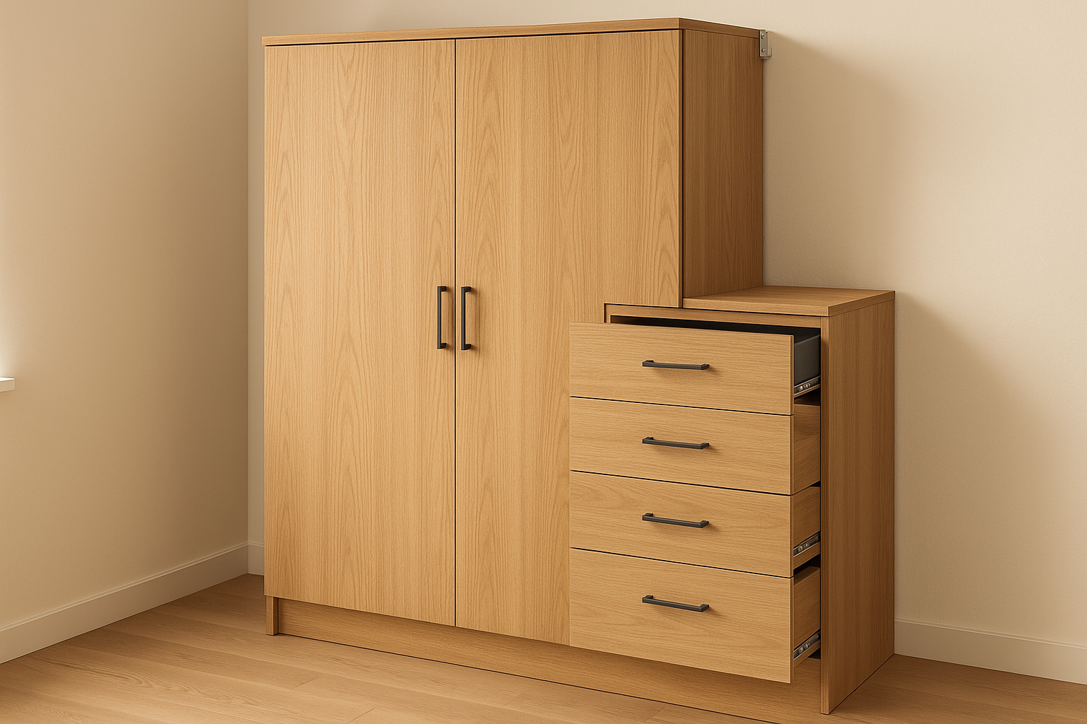 Modern furniture built for daily use. Balanced proportions, durable materials, and easy maintenance for a clean home setup.

Materials: Engineered wood case, metal hardware
Care: Dust weekly; use coasters
Ideal use: Wardrobe organization
Metal runners with stop
Anti‑tip wall anchor
Felt‑lined top drawer

Natural Oak Colour