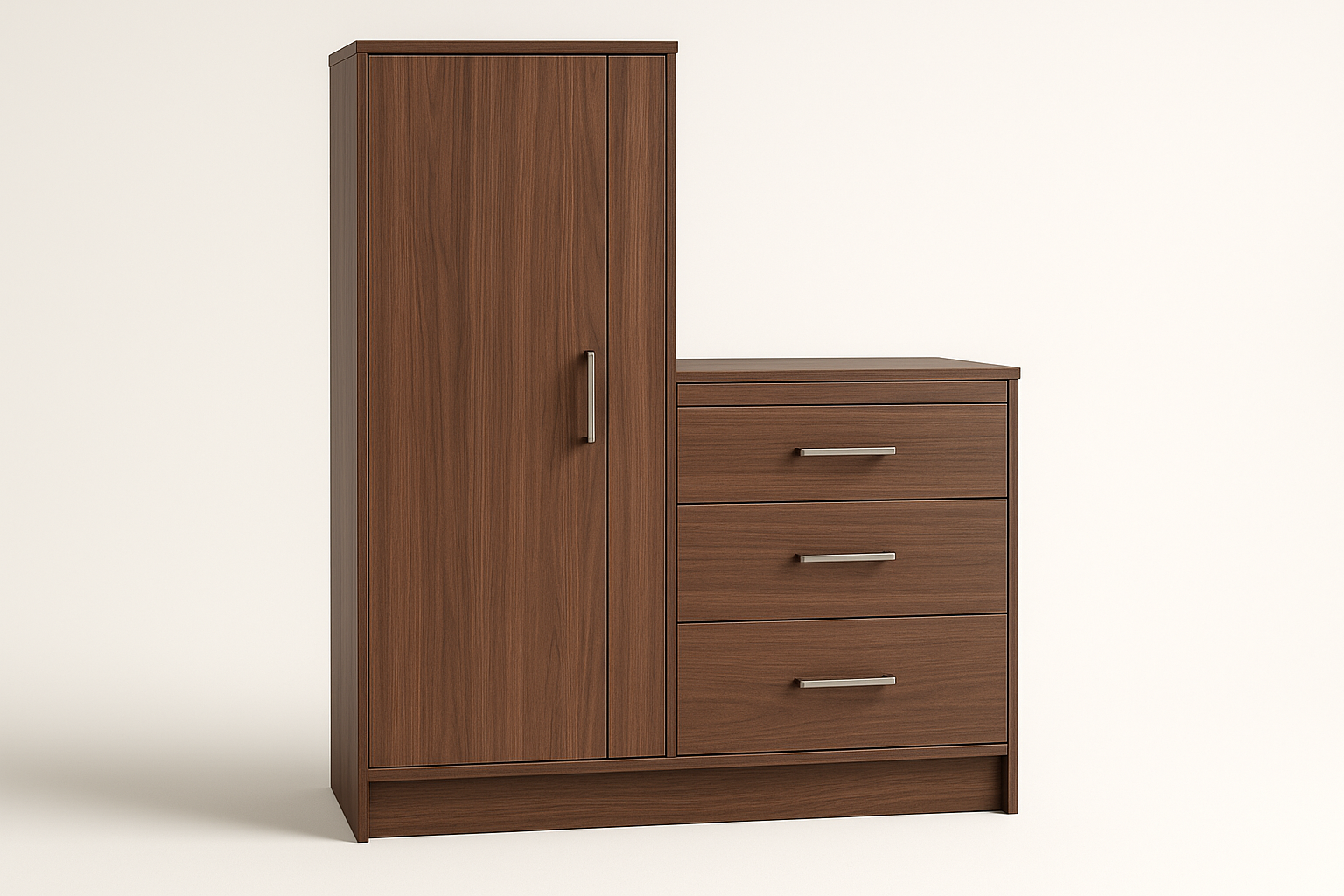 Modern furniture built for daily use. Balanced proportions, durable materials, and easy maintenance for a clean home setup.

Materials: Engineered wood case, metal hardware
Care: Dust weekly; use coasters
Ideal use: Wardrobe organization
Metal runners with stop
Anti‑tip wall anchor
Felt‑lined top drawer

Walnut colour