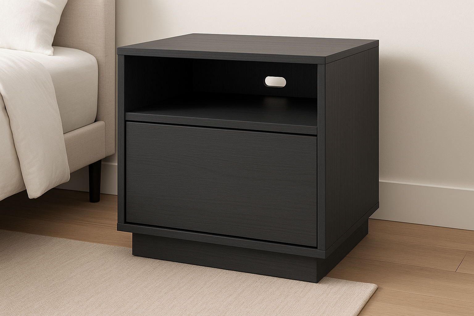 Modern furniture built for daily use. Balanced proportions, durable materials, and easy maintenance for a clean home setup.

Materials: Engineered wood with veneer
Care: Wipe clean; avoid harsh chemicals
Ideal use: Bedside storage
Soft‑close slides
Cable cutout for chargers
Anti‑tip kit included

Charcoal grey colour