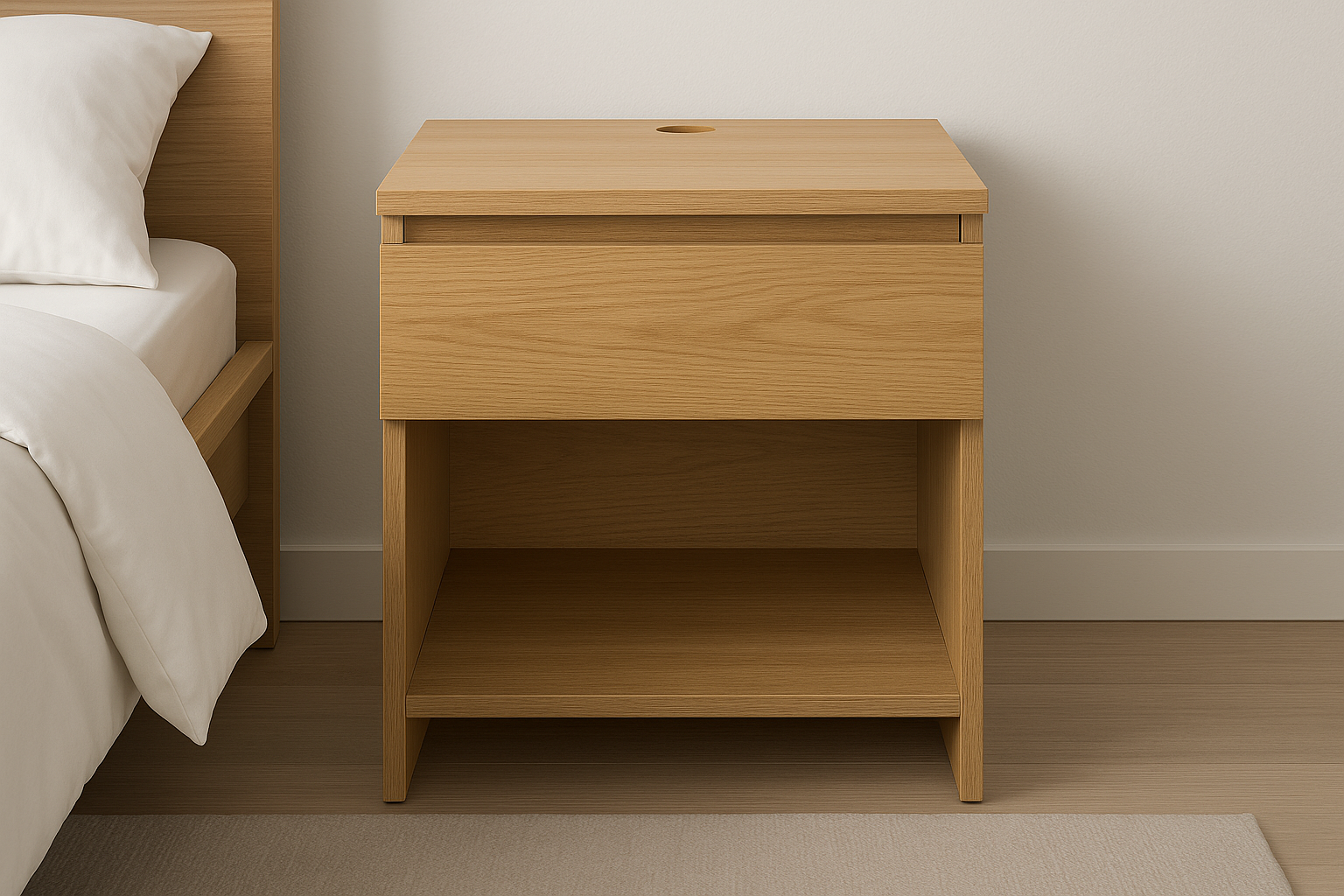 Modern furniture built for daily use. Balanced proportions, durable materials, and easy maintenance for a clean home setup.

Materials: Engineered wood with veneer
Care: Wipe clean; avoid harsh chemicals
Ideal use: Bedside storage
Soft‑close slides
Cable cutout for chargers
Anti‑tip kit included

natural Oak colour
