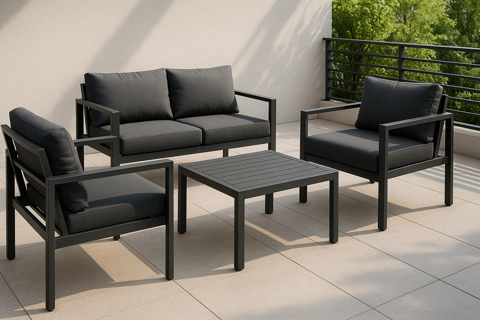 Modern furniture built for daily use. Balanced proportions, durable materials, and easy maintenance for a clean home setup.

Materials: Powder‑coated aluminum, polyester fabric
Care: Wipe dry; cover when not in use
Ideal use: Patio, balcony
UV‑resistant fabric
Quick‑dry foam
Anti‑rust frame

Charcoal Grey